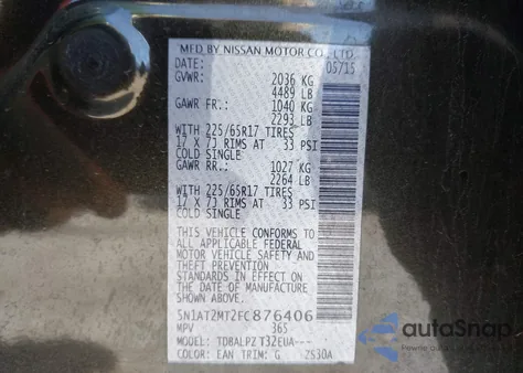 2015 Nissan Rogue S z USA, uszkodzony, nr VIN 5N1AT2MT2FC876406